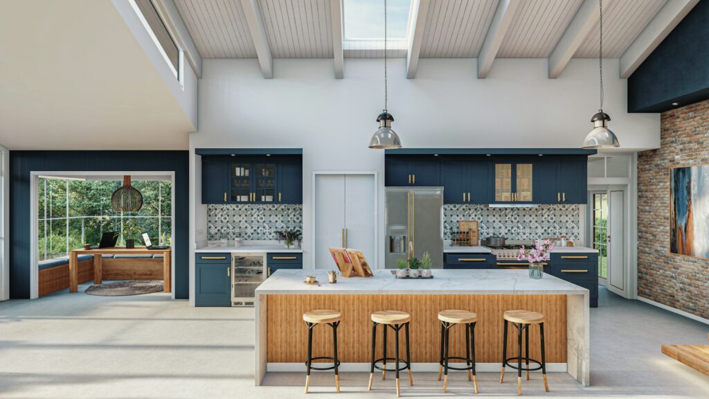 a-large-kitchen-with-a-center-island-surrounded-by-stools